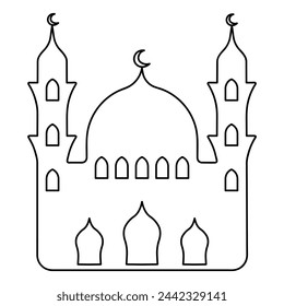 A mosque with minarets on the sides. Sketch. Vector illustration. Muslim prayer architectural structure. Doodle style. Outline on isolated background. Three towers with domes and a crescent on them. 