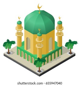 Mosque with minarets and palm trees in isometric view.