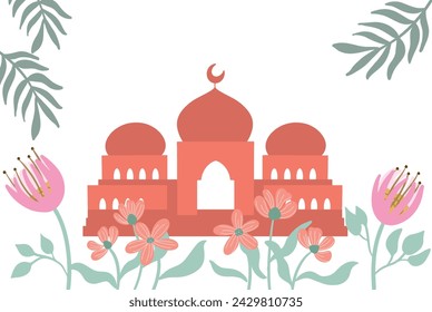 Mezquita con fondo floral minimalista, adecuado para Ramadán, Eid Mubarak, diseños de temática islámica, invitaciones y saludos	