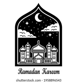 Mosque Monoline Badge Desain of Ramadan Kareem