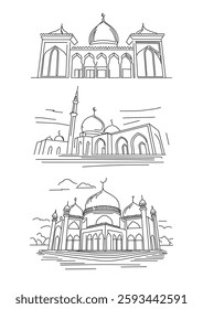 Mosque monoline vector in simple linear style. Continuous line Islamic mosque for Eid Mubarak, Ramadan Kareem. Editable stroke outline, perfect for holiday designs on a white background.