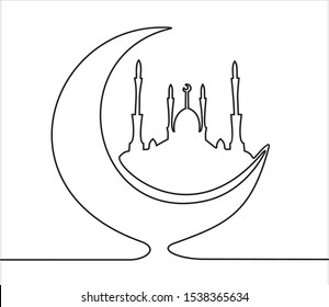Mosque and Moon continuous one line drawing minimalism design isolated on white background. For Muslim holy month Ramadan Kareem. Ramadan Mubarak. 