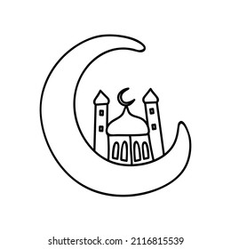 Mezquita en la luna. Ilustración del vector Doodle. Ramadan Kareem