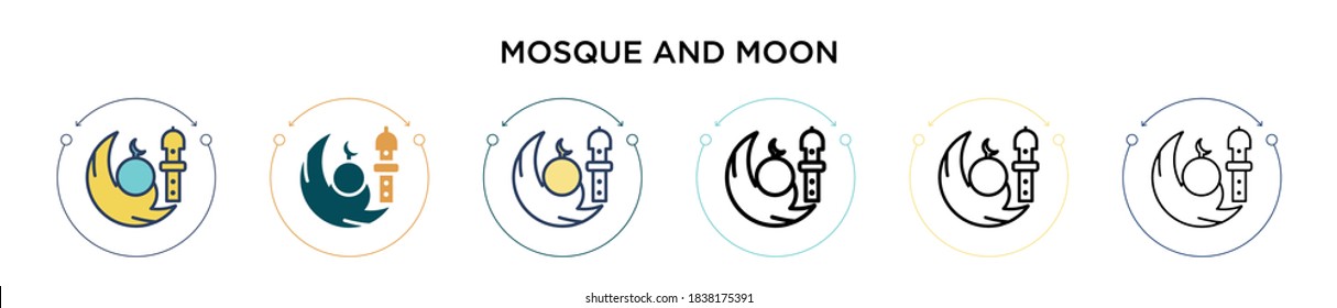 Mosque and moon icon in filled, thin line, outline and stroke style. Vector illustration of two colored and black mosque and moon vector icons designs can be used for mobile, ui, web