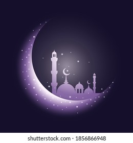 Mosque and moon with Islamic background, can be used for the pamphlet background for Eid al-Fitr, Eid al-Adha, Islamic New Year and other Muslim celebrations