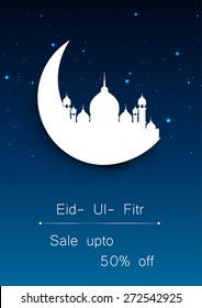 Mosque with moon on blue abstract background for Ramadan Kareem.