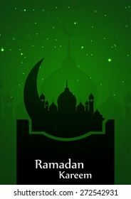 Mosque with moon on green abstract background for Ramadan Kareem.
