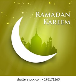 Mosque with moon on yellow abstract background for Ramadan Kareem.