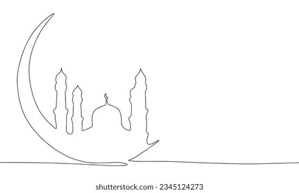 Mosque in moon one line continuous vector illustraiton. Line art concept Islam banner. Outline, silhouette vector illustration. 