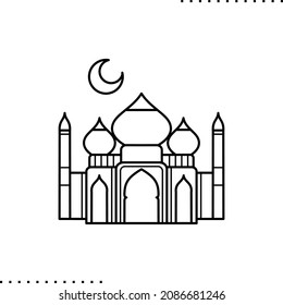 Mosque with moon passing on the sky,  Arabic greeting vector illustration in outline
