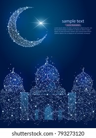 Mosque and moon poly frame on a blue background, abstract design of lines and dots, in the form of a night sky and stars. Vector illustration.