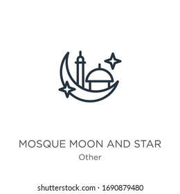 Mosque moon and star icon. Thin linear mosque moon and star outline icon isolated on white background from other collection. Line vector sign, symbol for web and mobile