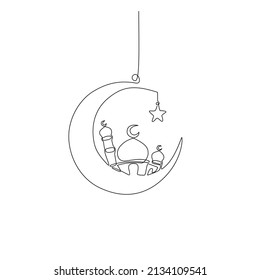 Mosque with moon and stars, continuous line drawing minimalistic design vector. islamic symbols sign.as a template for Ramadan kareem and eid al-fitr. isolated on a white background.