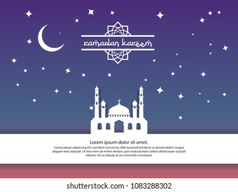 mosque, moon and stars element design for Ramadan Kareem islamic greeting. invitation Banner or Card Background Vector illustration.