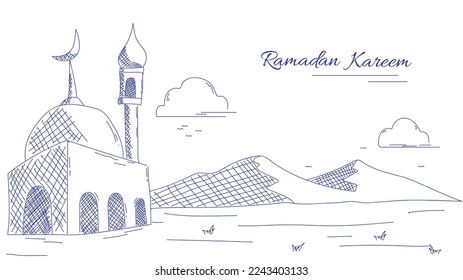 mosque and mountain sketch illustration for ramadan kareem