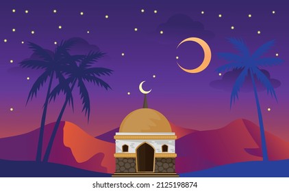 Mosque, mountains landscape purple gradient, night mood