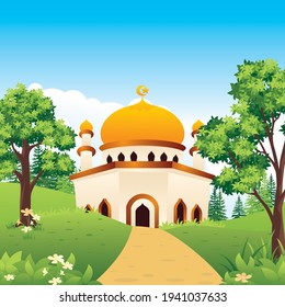Mezquita con paisaje natural, paisaje islámico ilustración de estilo plano 