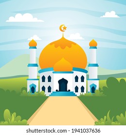 Mosque with nature landscape, islamic landscape  flat style illustration 