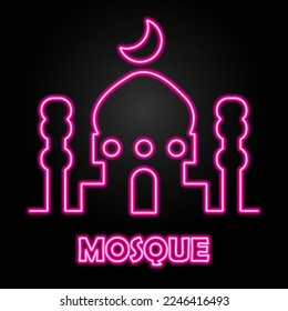 mosque neon sign, modern glowing banner design, colorful modern design trends on black background. Vector illustration.