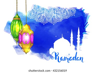 Mosque at night. Arabic lanterns. Blue watercolor stain background. Islamic vector ornament. Greeting card. Calligraphy inscription Ramadan. Brush lettering.