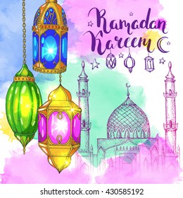 Mosque at night. Arabic shiny lanterns. Bright watercolor vector card. Ink hand drawn inscription Ramadan Kareem. Lettering. Calligraphy.  Islamic colorful glowing background.
