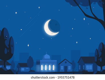 Mosque at night in blue background color with luminous crescent, starry sky, houses, buildings, trees, leaves. Landscape Illustration of Ramadan Night for Islamic or Muslim festivities