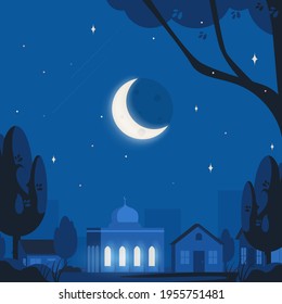 Mosque at night in blue background color with luminous crescent, starry sky, houses, buildings, trees, leaves. Square Illustration of Ramadan Night for Islamic or Muslim festivities