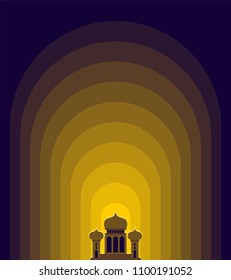 Mosque is night. Islamic religious building. Muslim holiday Eid Mubarak Vector illustration