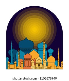 Mosque is night. Islamic religious building. Muslim holiday Eid Mubarak Vector illustration. Ramadan Kareem Greeting Card