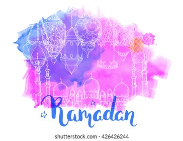Mosque at night. Ramadan Kareem. Arabic lanterns. Bright watercolor stains background. Vector watercolor illustration.  Ink hand drawn inscription. Brush lettering. Calligraphy.