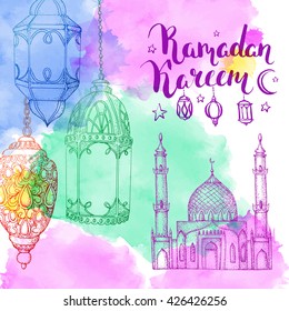 Mosque at night. Ramadan Kareem. Arabic lanterns. Bright watercolor background. Vector  illustration.  Ink hand drawn inscription. Brush lettering. Calligraphy.