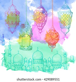 Mosque at night. Ramadan Kareem. Arabic lanterns. Bright watercolor stains background. Vector  illustration.