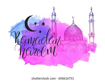 Mosque at night. Ramadan Kareem. Arabic lanterns. Bright vector watercolor background. Ink hand drawn inscription. Typography. Brush lettering. Calligraphy. Template greeting card. Pink sunset.