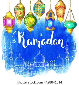 Mosque at night. Ramadan Kareem. Colorful shiny arabic lanterns. Blue watercolor vector background. Ink hand drawn inscription. Brush lettering. Calligraphy.