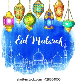 Mosque at night. Ramadan Kareem. Colorful shiny arabic lanterns. Blue watercolor vector background. Ink hand drawn inscription Eid Mubarak. Brush lettering. Calligraphy. 