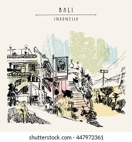 A mosque in North Bali, Indonesia, Southeast Asia. Bali, Indonesia. Handdrawn vintage touristic postcard, poster or book illustration in vector