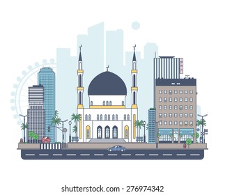 Mosque on the background of the city. Panorama of the city.
