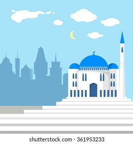 Mosque on the background of islamic city silhouettes. Muslim cityscape design. Illustration of building of middle east. Arabian architecture. Creative religious panorama. Emirates heritage. Vector