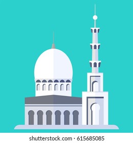 mosque on blue background. Flat vector cartoon illustration. Objects isolated on a white background.