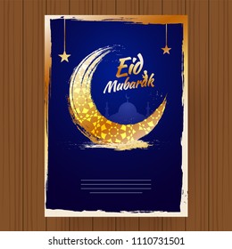 Mosque on brush stroke arabic pattern crescent moon and hanging stars on blue background. Eid Mubarak Concept.