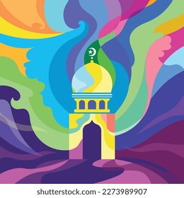 Mosque on colorful abstract background
