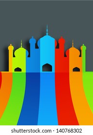Mosque on colorful stripes background for Ramadan Kareem.
