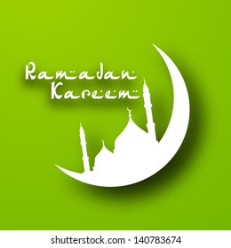 Mosque on crescent moon on green background for Ramadan Kareem
