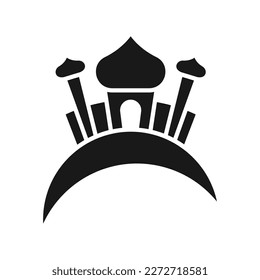 Mosque on crescent moon icon on white background. Flat design vector. Ramadan icon. Eps 10.