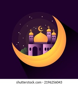 mosque on crescent with stars illustration