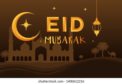 Mosque on Desert with Date Tree Camel Islamic Illustration of Happy Eid Mubarak