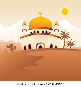 Mosque on desert islamic illustration, eid mubarak background with flat style