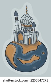 Moschee auf Erden in handgezeichnet Illustration Design für RAMADAN Kareem Template