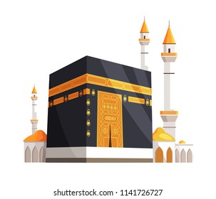 Mosque on Eid Al Adha closeup of holly place building golden ornaments and high element, islamic culture traditions isolated on vector illustration
