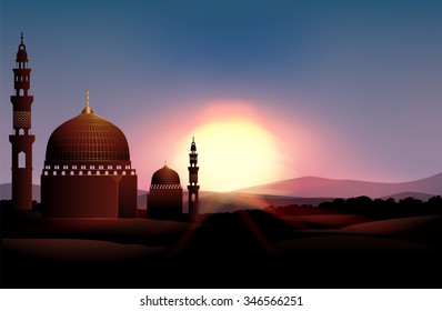 Mosque on the field at sunset illustration Adlı Stok Vektör
